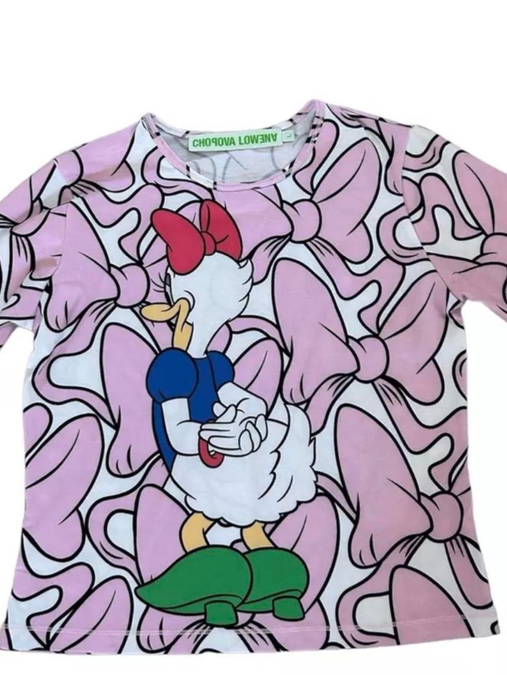 Daisy Duck Graphic Tee - Pink Bow Print. Sleeve length is 3/4